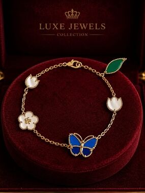 Luxe Jewels Gold Butterfly & Floral Bracelet - Blue, White, Green